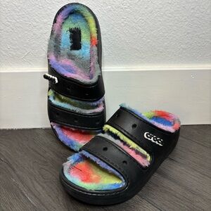 Crocs Classic Cozzzy Sandal Black Multi Color Fuzzy Lined Slides Women's 8 Men 6